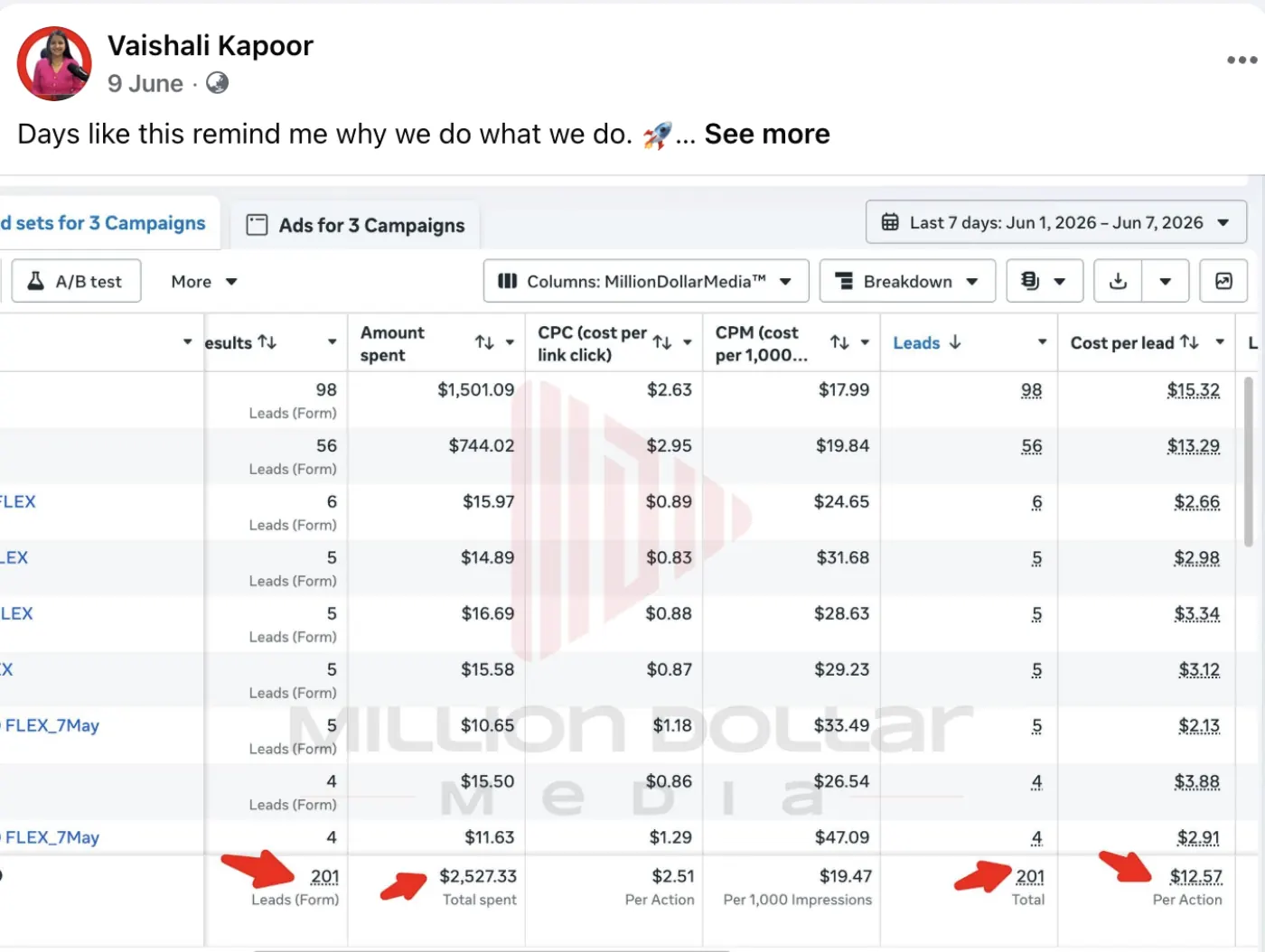 Lead Gen Campaign — $12.57 CPL · 201 leads