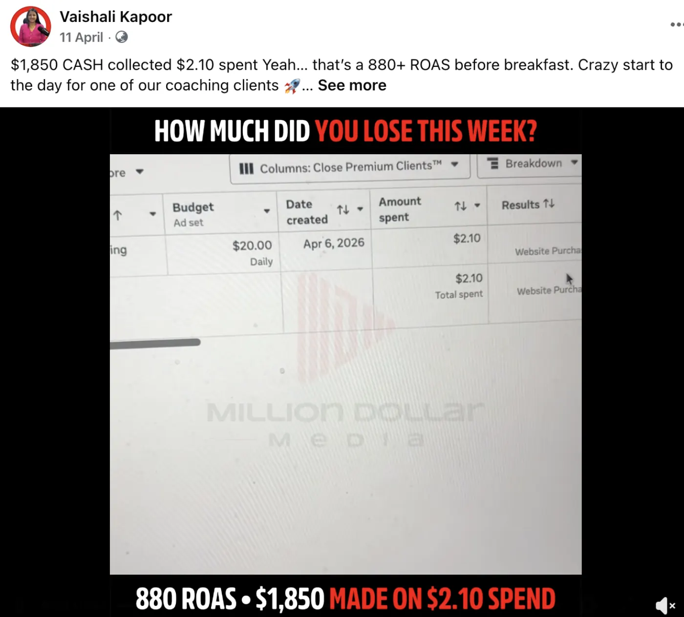 Coaching LTO — $1,850 on $2.10 spend · 880x